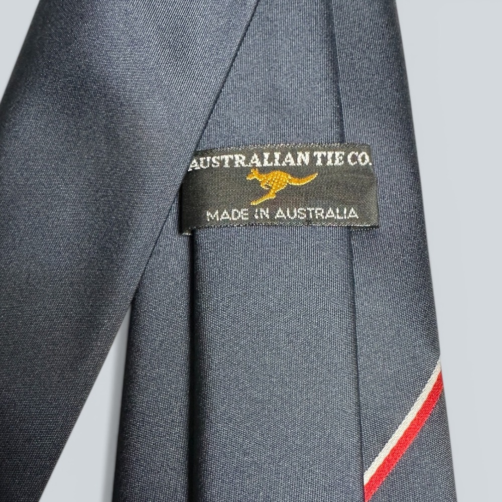 Australian Tie Co Navy Blue Kangaroo Logo Red White Stripe Silk Blend Necktie